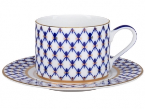 Lomonosov Porcelain Teacup and Saucer Cobalt Net Solo 10.1oz/300 ml |